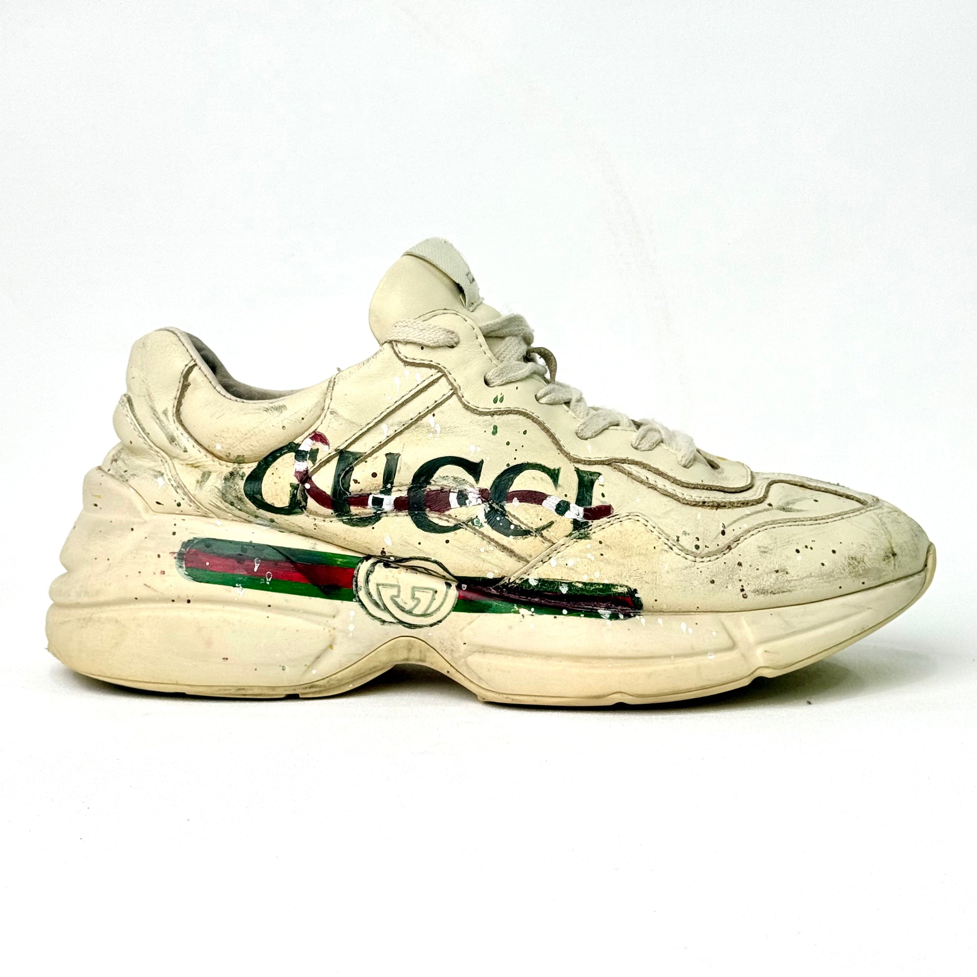 GUCCI MEN'S LEATHER RHYTON SNEAKERS / MODIFIED PAINTED