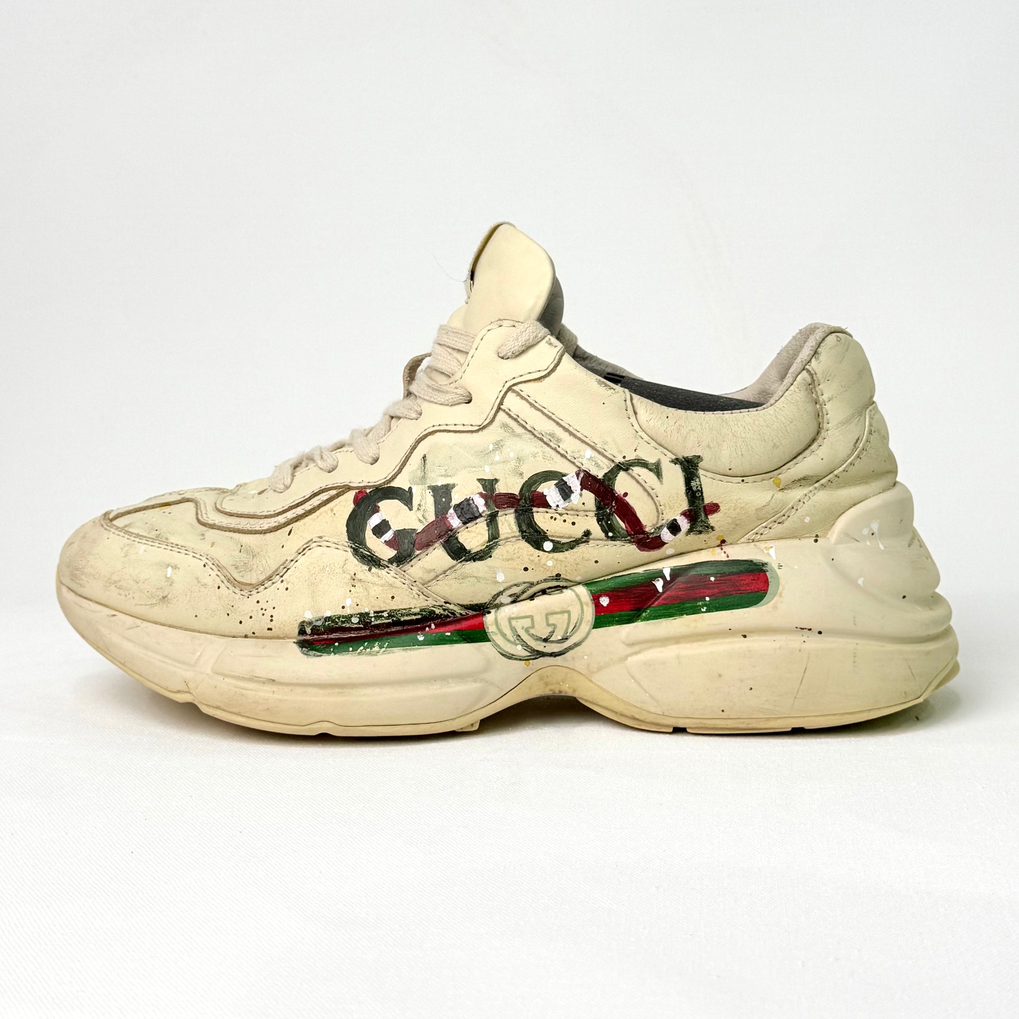 GUCCI MEN'S LEATHER RHYTON SNEAKERS / MODIFIED PAINTED