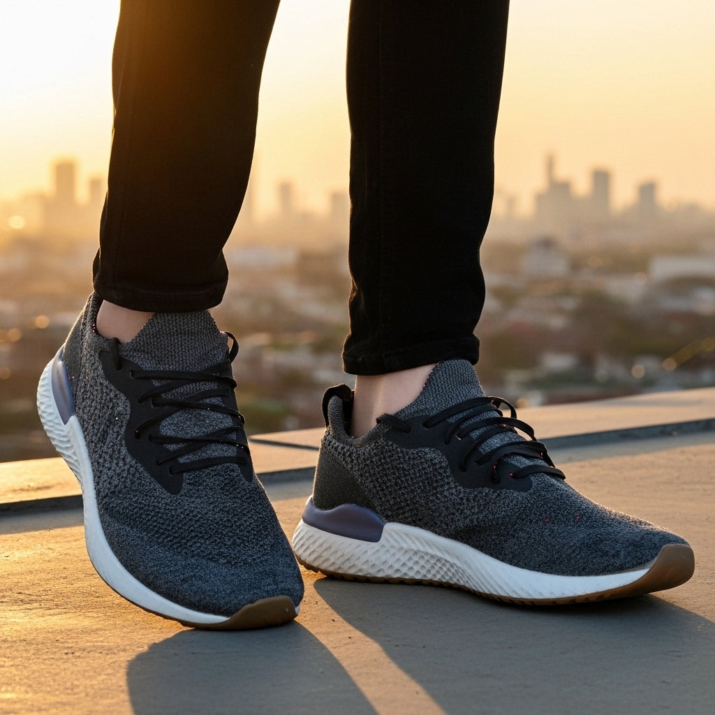 Grey Knit Running Sneakers – Lightweight Breathable Comfort Trainers