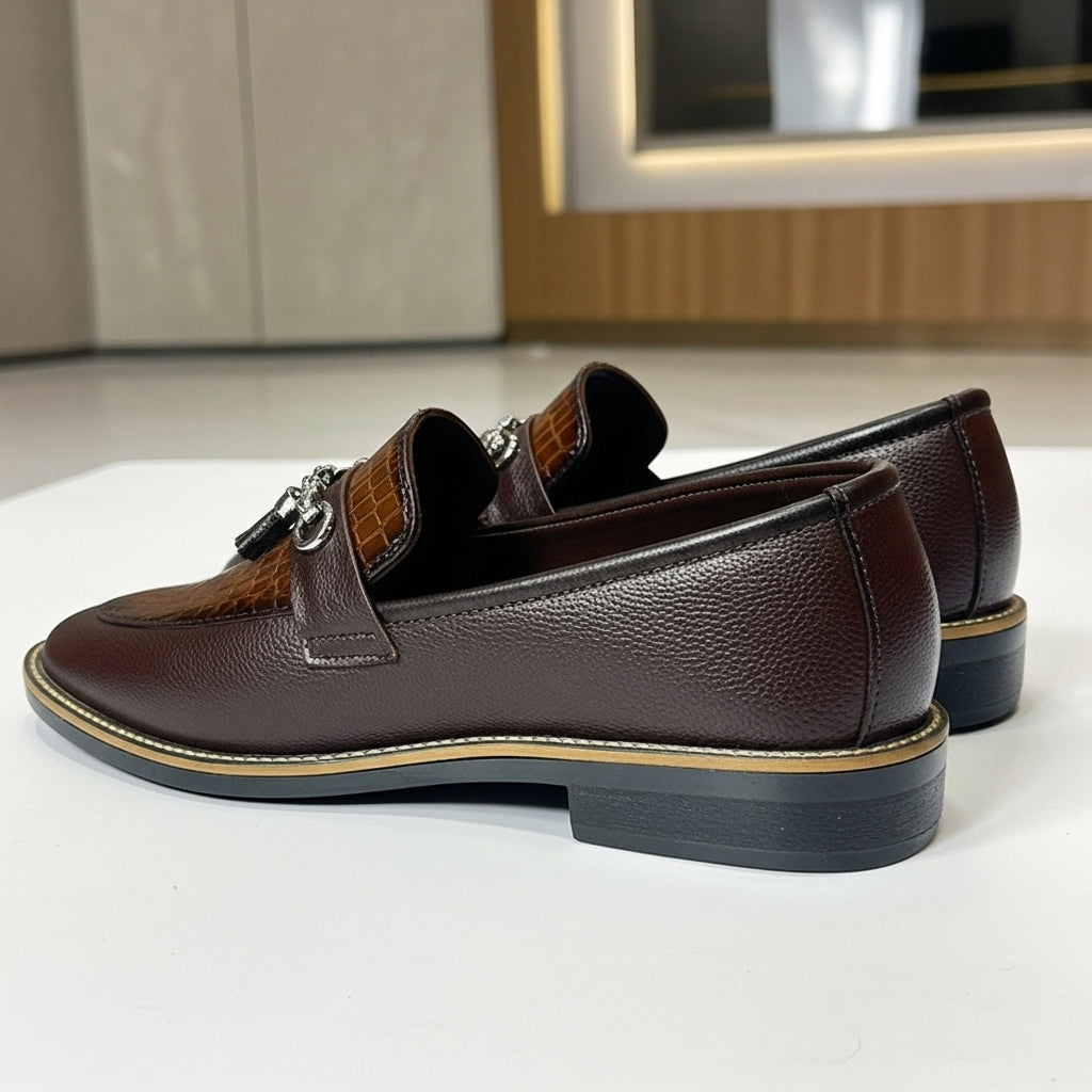Handmade Stitched Alligator Textured Dark Brown Premium Leather Loafers: Slip-On Dress Shoes